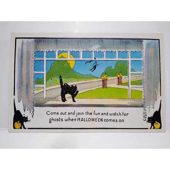 Halloween Postcard Fantasy Witch On Broom Bat Moon Black Cats Metropolitan 412 - Picture 1 of 3